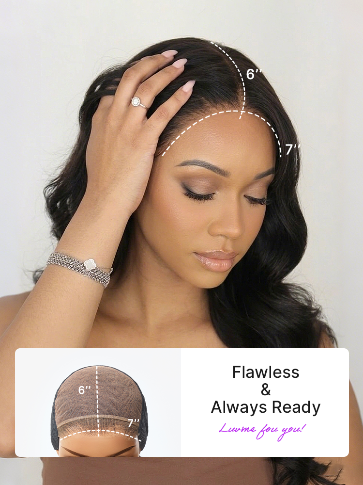 Halo Hair Style All-Day Comfort Wig 180% Density Loose Body Wave Glueless 7x6 Closure HD Lace Human Hair Wig with Bangs Pre-Cut Lace