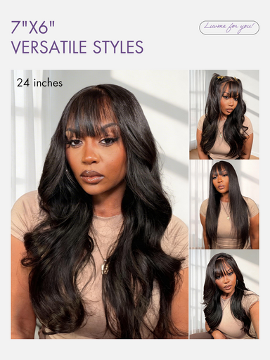 Halo Hair Style All-Day Comfort Wig 180% Density Loose Body Wave Glueless 7x6 Closure HD Lace Human Hair Wig with Bangs Pre-Cut Lace