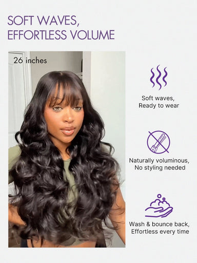 Halo Hair Style All-Day Comfort Wig 180% Density Loose Body Wave Glueless 7x6 Closure HD Lace Human Hair Wig with Bangs Pre-Cut Lace