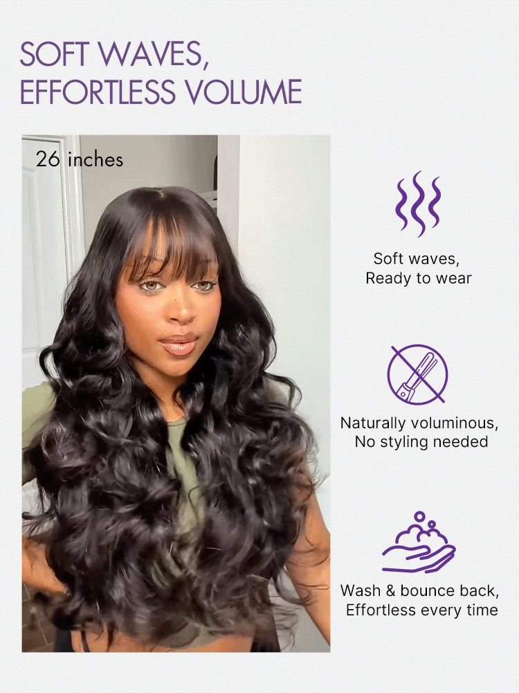 Halo Hair Style All-Day Comfort Wig 180% Density Loose Body Wave Glueless 7x6 Closure HD Lace Human Hair Wig with Bangs Pre-Cut Lace