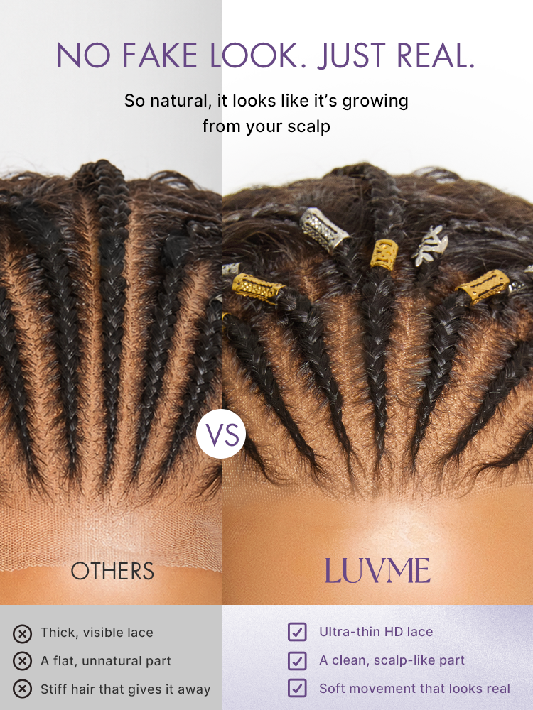 Natural Black Boho Cornrow Braids 13x4 Frontal Lace Deep Curly Long Wig Pre-cut Lace-11