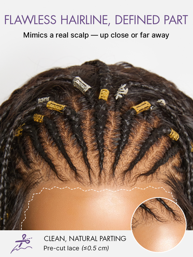 Natural Black Boho Cornrow Braids 13x4 Frontal Lace Deep Curly Long Wig Pre-cut Lace