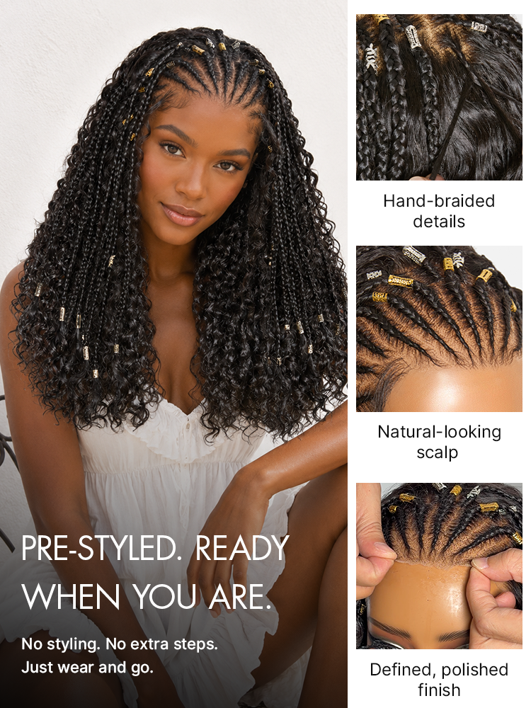 Natural Black Boho Cornrow Braids 13x4 Frontal Lace Deep Curly Long Wig Pre-cut Lace