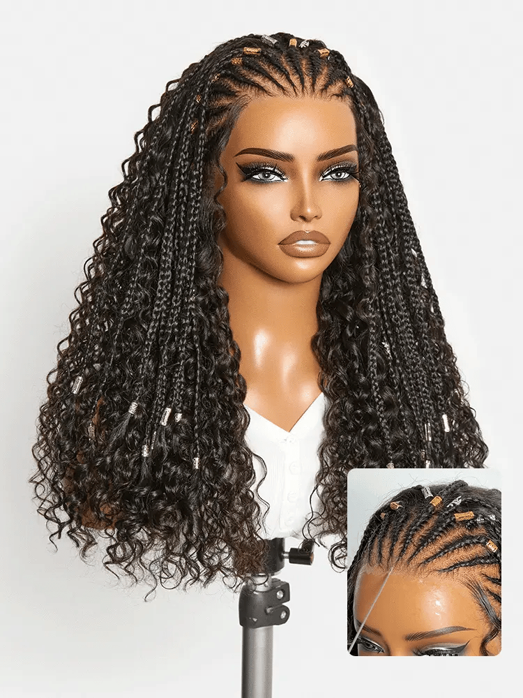 Natural Black Boho Cornrow Braids 13x4 Frontal Lace Deep Curly Long Wig Pre-cut Lace