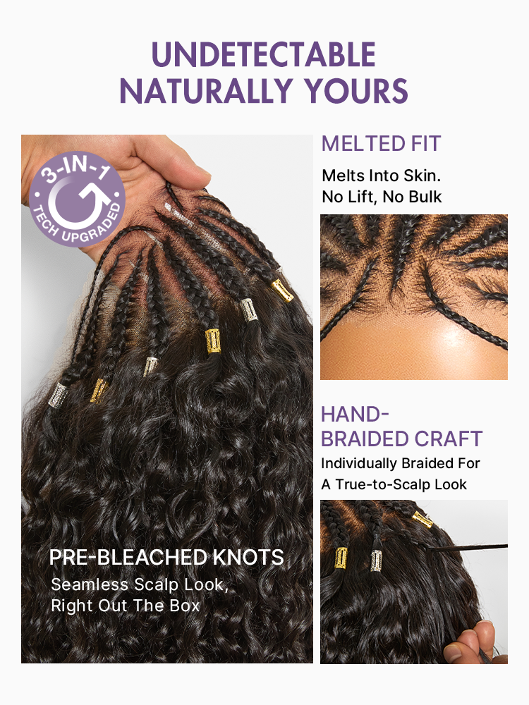 Boho Fulani Braids Water Wave 13x4 Frontal Lace Wig Pre-cut Lace Human Hair-12