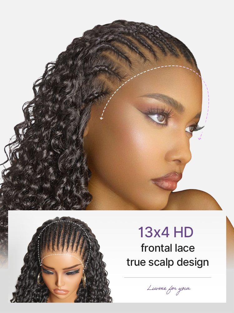 Readitress Knotless Fulani Braids Deep Wave Glueless Ear-to-ear 13x4 Frontal HD Lace Wig Human Hair
