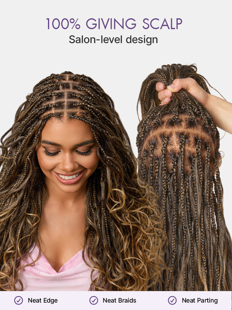 OwnScalpOmbre Honey Blonde French Curl Knotless Boho Braids HD Full Lace Long Wig Flexi Fit Invisi Drawstring Cap - US Only