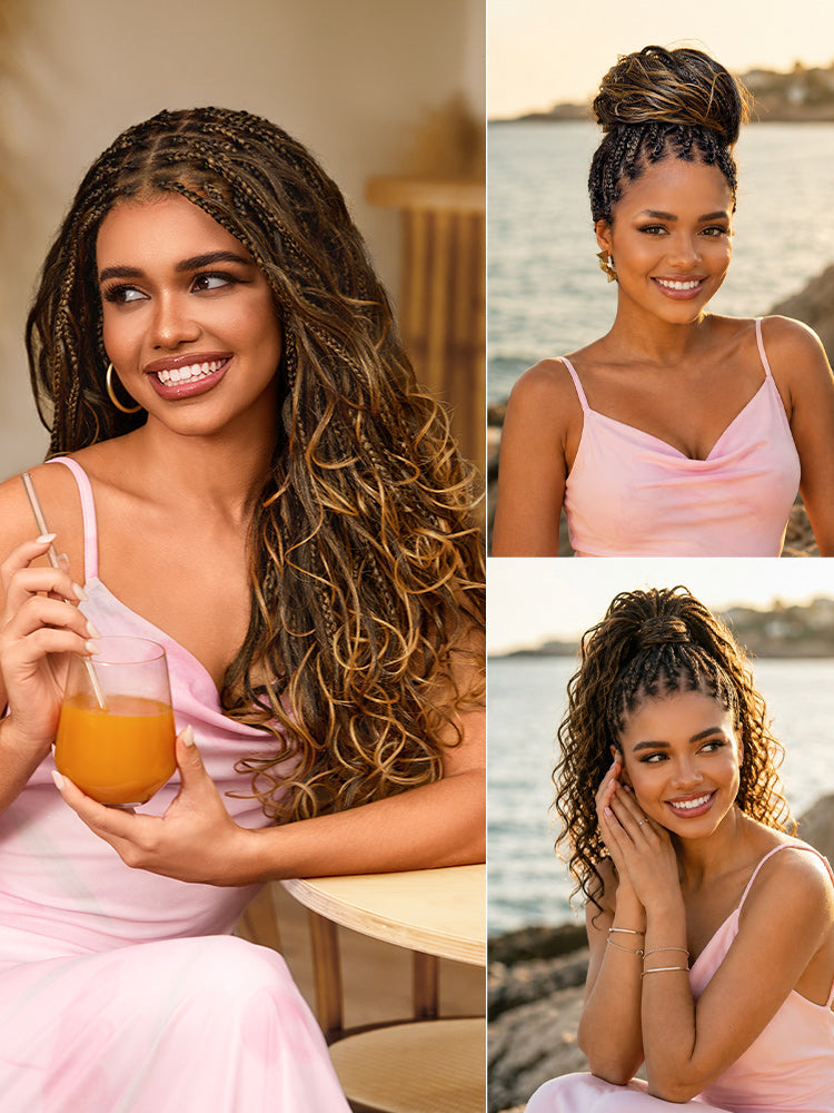 OwnScalpOmbre Honey Blonde French Curl Knotless Boho Braids HD Full Lace Long Wig Flexi Fit Invisi Drawstring Cap - US Only