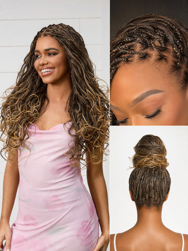 OwnScalpOmbre Honey Blonde French Curl Knotless Boho Braids HD Full Lace Long Wig Flexi Fit Invisi Drawstring Cap - US Only