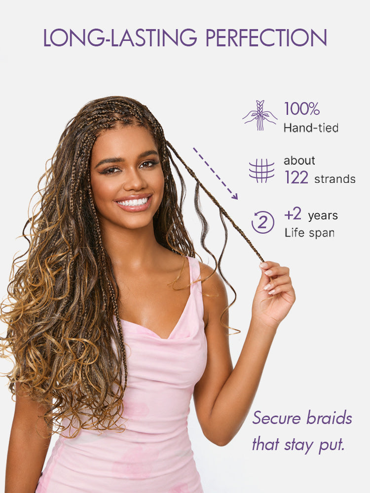 New Customers Only | OwnScalp Ombre Honey Blonde French Curl Knotless Boho Braids HD Full Lace Long Wig Flexi Fit Invisi Drawstring Cap - US Only