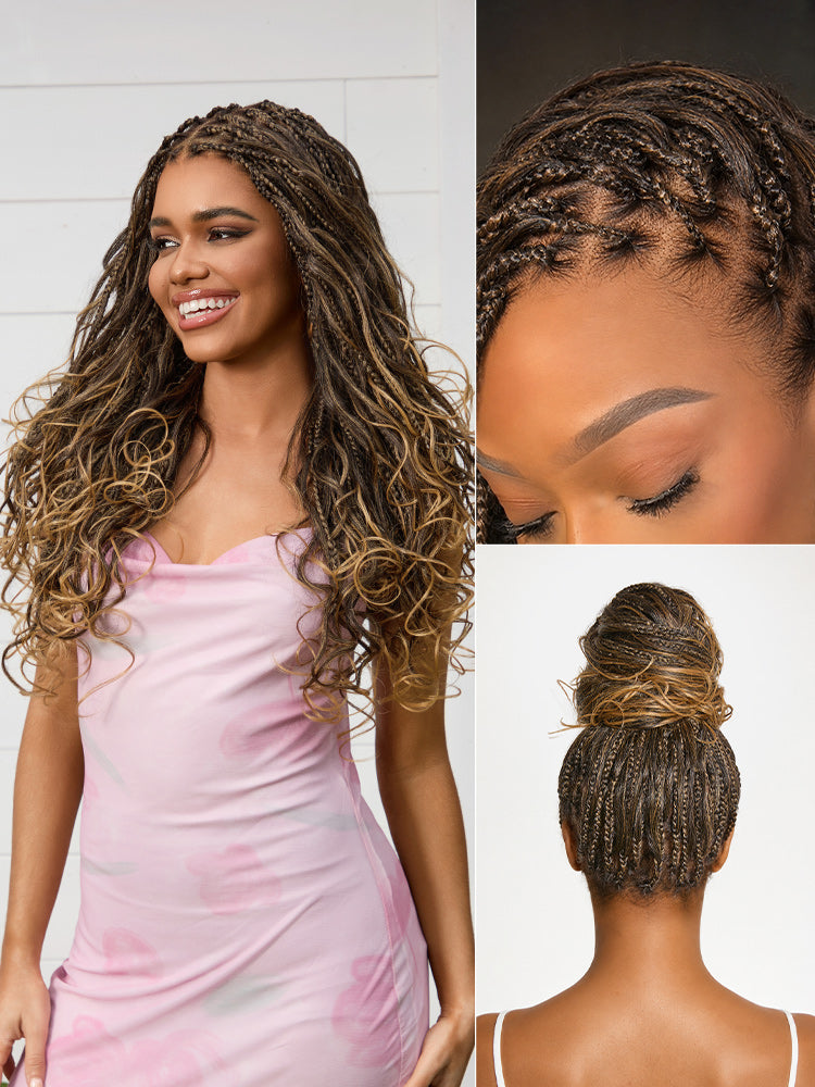 New Customers Only | OwnScalp Ombre Honey Blonde French Curl Knotless Boho Braids HD Full Lace Long Wig Flexi Fit Invisi Drawstring Cap - US Only