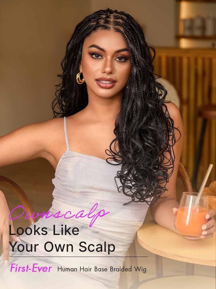 OwnScalp French Curl Knotless Boho Braids HD Full Lace Long Wig Flexi Fit Invisi Drawstring Cap - US Only