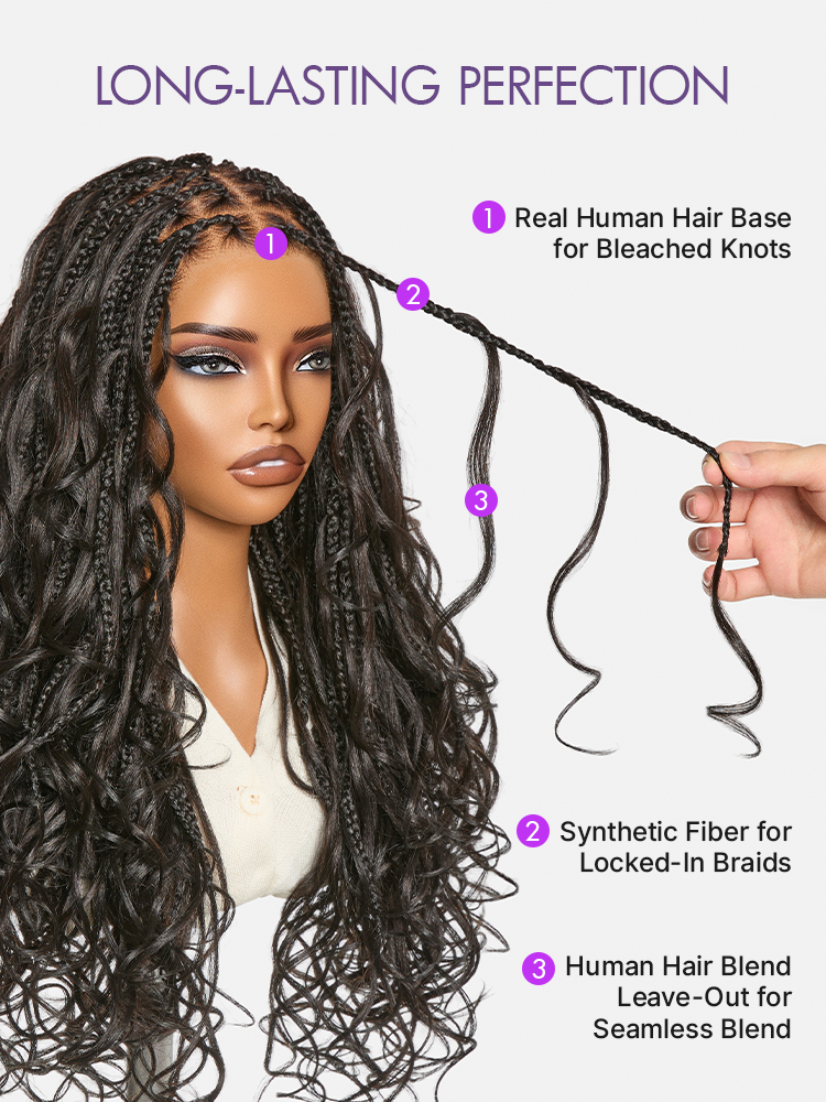 OwnScalp French Curl Knotless Boho Braids HD Full Lace Long Wig Flexi Fit Invisi Drawstring Cap - US Only