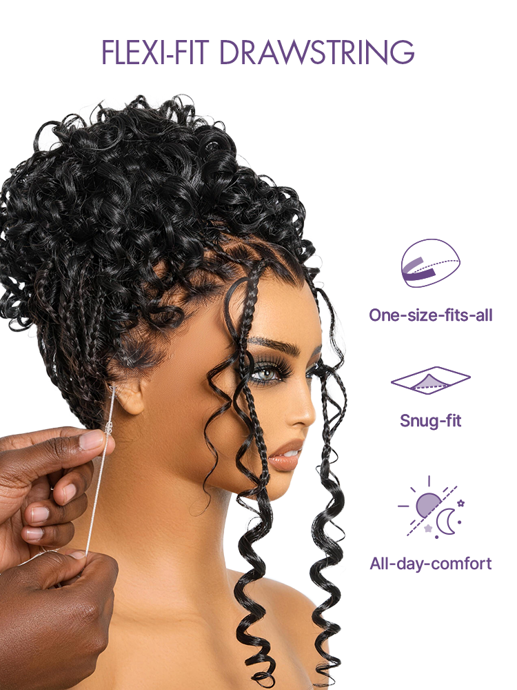 OwnScalp HD Full Lace Knotless Boho Curls Braided Bob Pre-Cut Lace Wig Flexi Fit Invisi Drawstring Cap