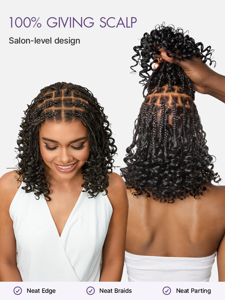 OwnScalp HD Full Lace Knotless Boho Curls Braided Bob Pre-Cut Lace Wig Flexi Fit Invisi Drawstring Cap