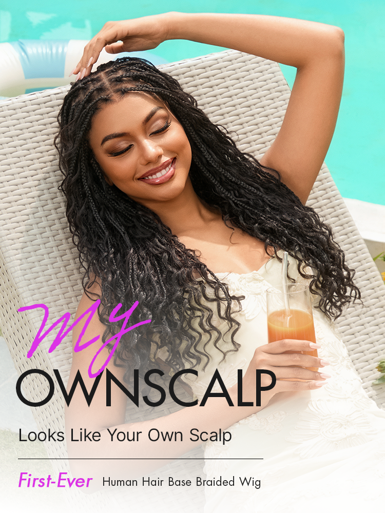 OwnScalp  Light Weight Flexi-Fit Invisi Drawstring Cap Full Lace Knotless Boho Curls Braided Long Wig Super Natural Scalp Pre-Cut Lace