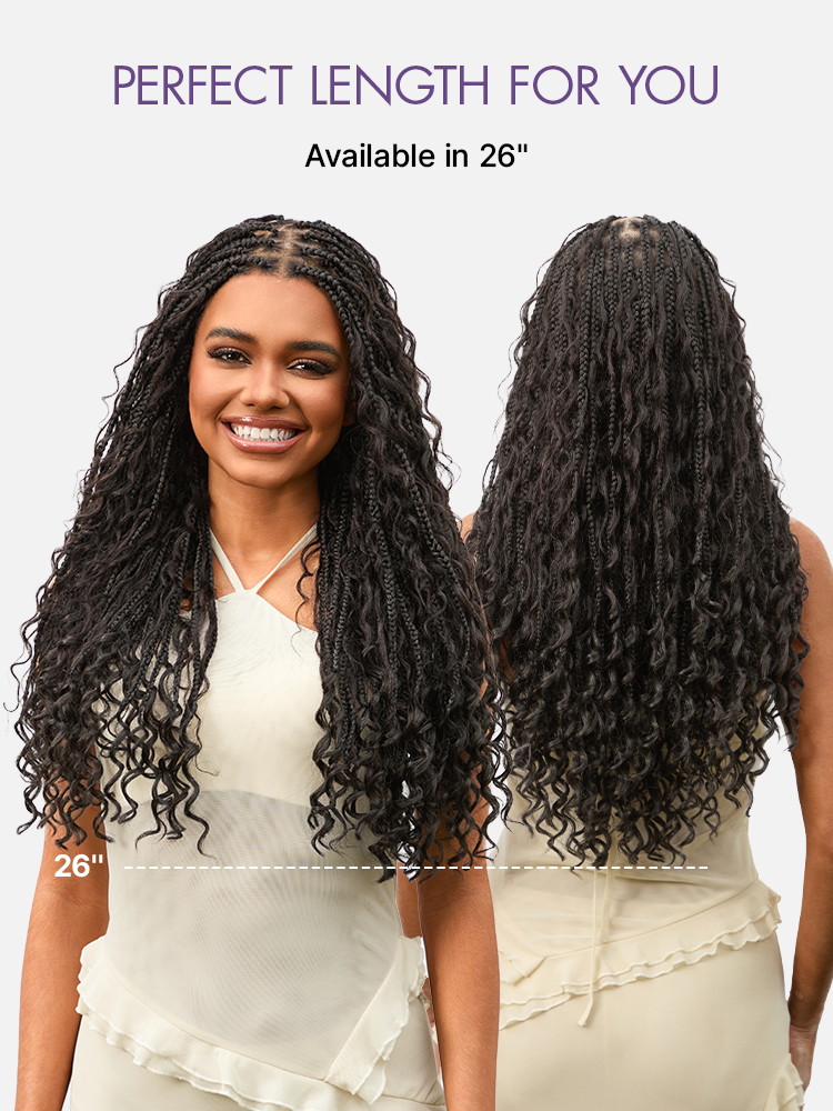 Halo Hair Style Hair-OwnScalp  Light Weight Flexi-Fit Invisi Drawstring Cap Full Lace Knotless Boho Curls Braided Long Wig Super Natural Scalp Pre-Cut Lace