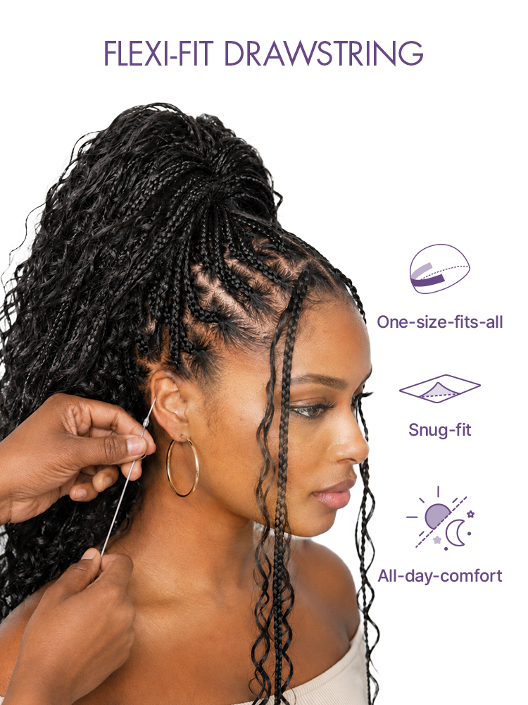 Halo Hair Style Hair-OwnScalp  Light Weight Flexi-Fit Invisi Drawstring Cap Full Lace Knotless Boho Curls Braided Long Wig Super Natural Scalp Pre-Cut Lace