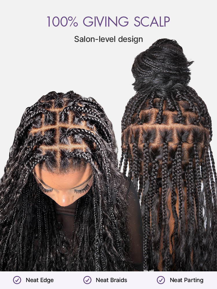 OwnScalp  Light Weight Flexi-Fit Invisi Drawstring Cap Full Lace Knotless Boho Curls Braided Long Wig Super Natural Scalp Pre-Cut Lace