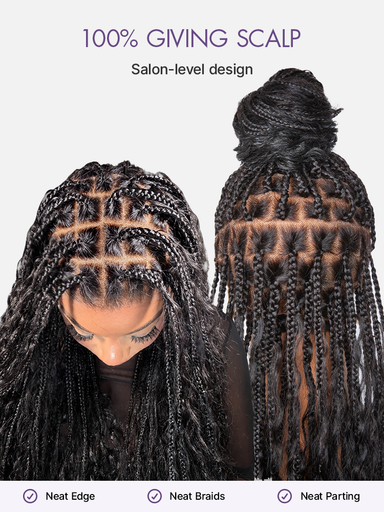 Halo Hair Style Hair-OwnScalp  Light Weight Flexi-Fit Invisi Drawstring Cap Full Lace Knotless Boho Curls Braided Long Wig Super Natural Scalp Pre-Cut Lace