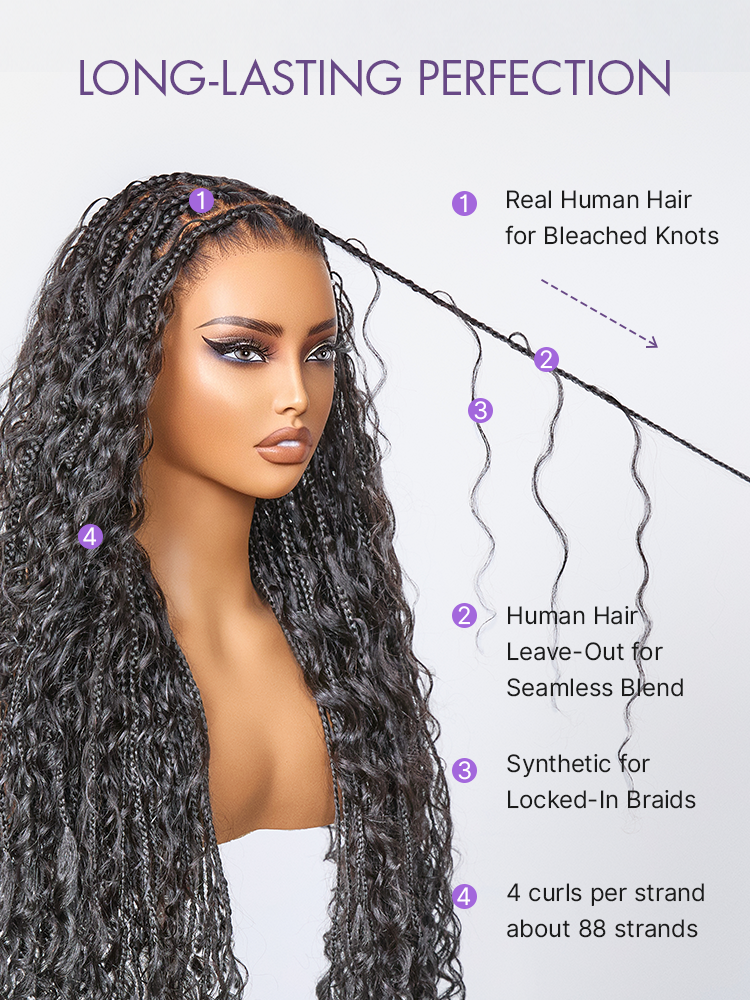 OwnScalp  Light Weight Flexi-Fit Invisi Drawstring Cap Full Lace Knotless Boho Curls Braided Long Wig Super Natural Scalp Pre-Cut Lace