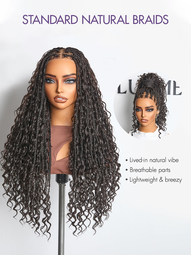 Halo Hair Style Hair-OwnScalp  Light Weight Flexi-Fit Invisi Drawstring Cap Full Lace Knotless Boho Curls Braided Long Wig Super Natural Scalp Pre-Cut Lace