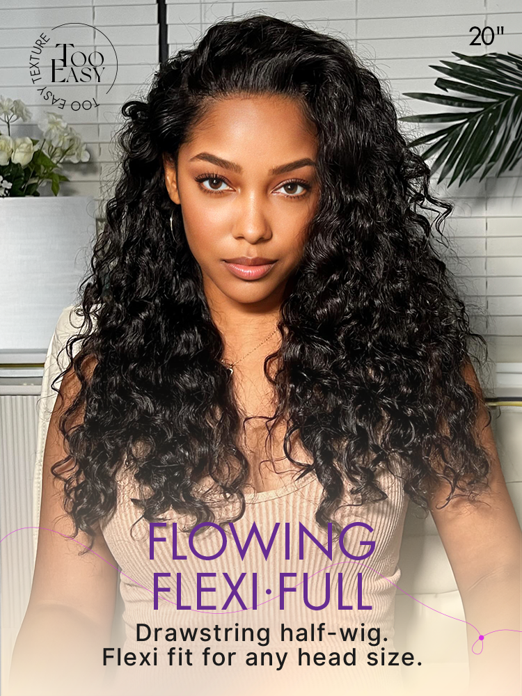 Halo Hair Style Too Easy Texture 3-In-1 Half Wig 180% Density Water Wave Glueless Flexi-Fit Drawstring Wig
