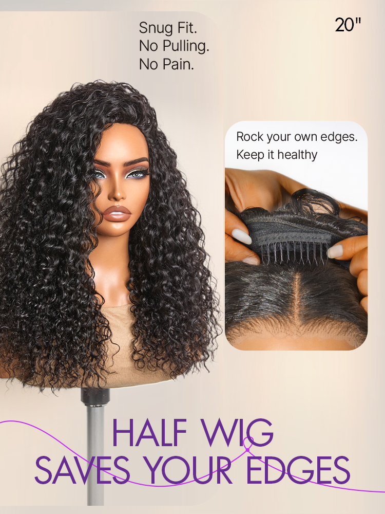Halo Hair Style Too Easy Texture 3-In-1 Half Wig 180% Density Water Wave Glueless Flexi-Fit Drawstring Wig