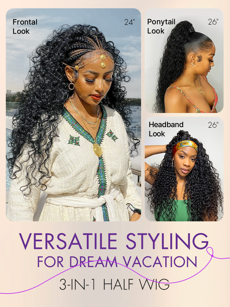 Halo Hair Style Too Easy Texture 3-In-1 Half Wig 180% Density Water Wave Glueless Flexi-Fit Drawstring Wig