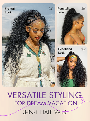 Halo Hair Style Too Easy Texture 3-In-1 Half Wig 180% Density Water Wave Glueless Flexi-Fit Drawstring Wig