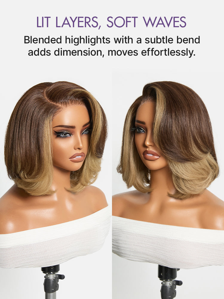 New Customers Only | Honey Blonde Face-Framing Highlights Blow Out Layered Cut Glueless 5x5 Closure Lace Bob Wig Pre-cut Lace