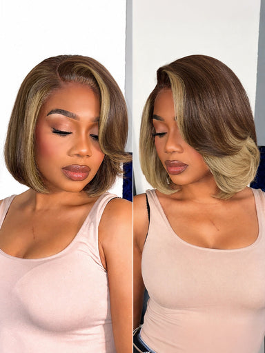 New Customers Only | Honey Blonde Face-Framing Highlights Blow Out Layered Cut Glueless 5x5 Closure Lace Bob Wig Pre-cut Lace