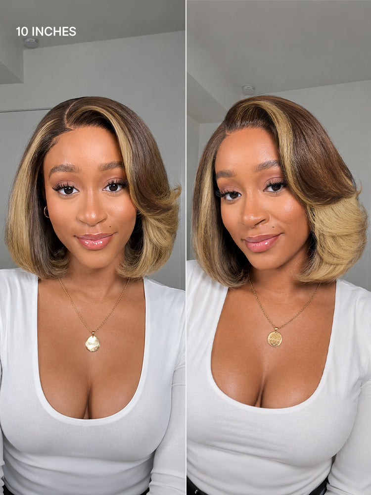 New Customers Only | Honey Blonde Face-Framing Highlights Blow Out Layered Cut Glueless 5x5 Closure Lace Bob Wig Pre-cut Lace