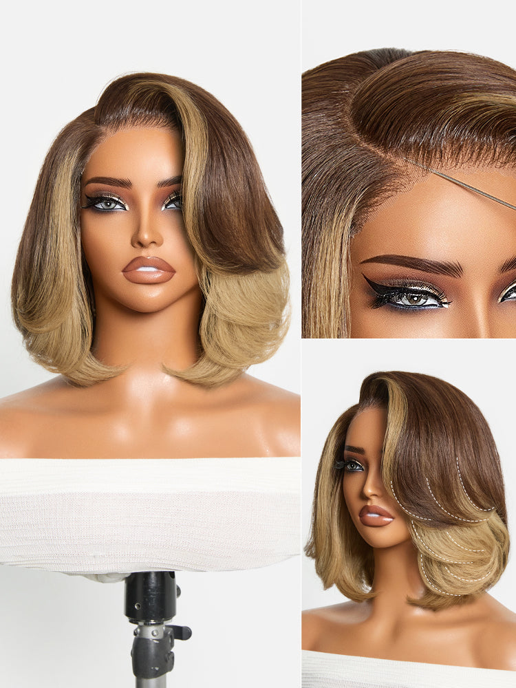New Customers Only | Honey Blonde Face-Framing Highlights Blow Out Layered Cut Glueless 5x5 Closure Lace Bob Wig Pre-cut Lace