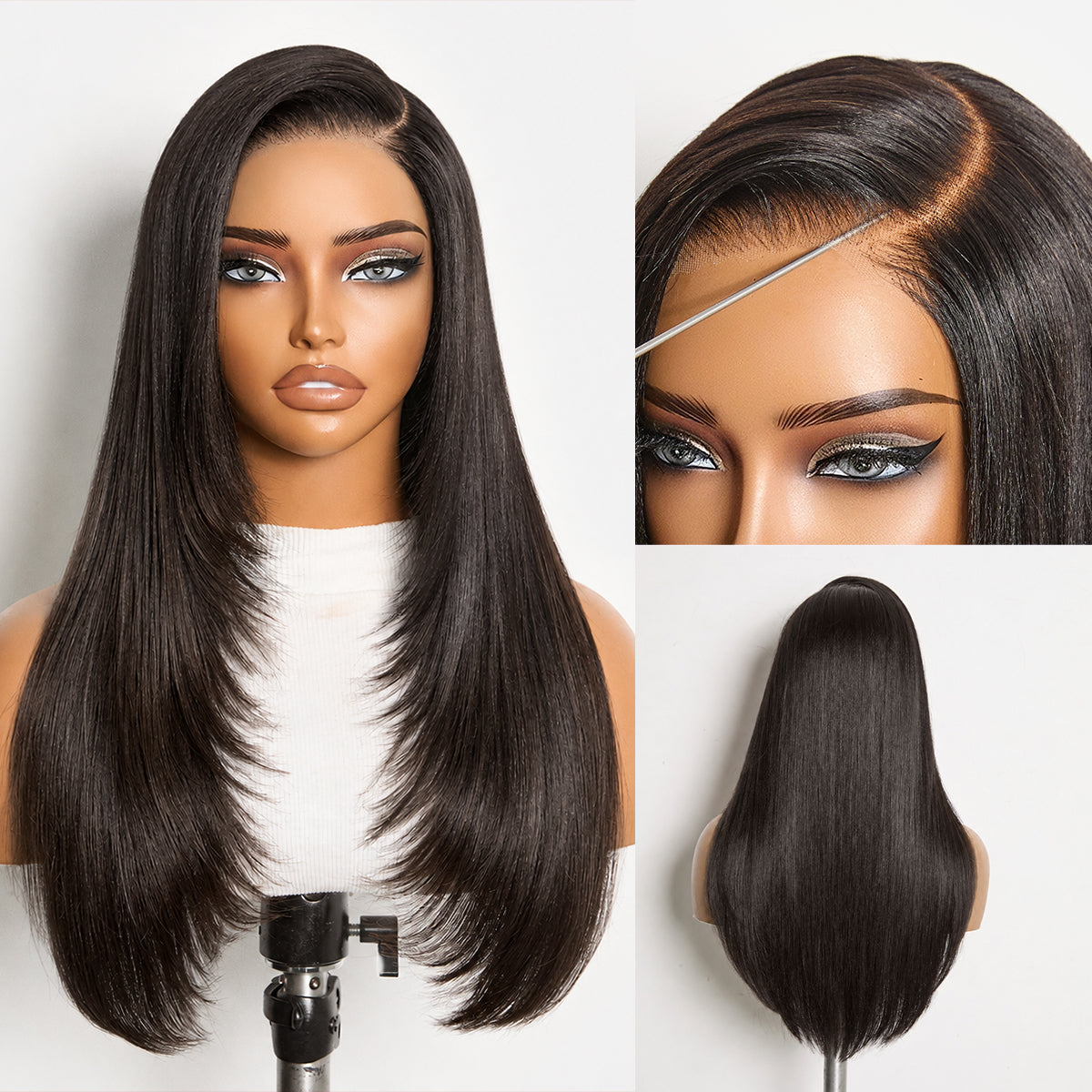 Halo Hair Style All-Day Comfort Wig 180% Density Butterfly Cut Layered Light Yaki Straight Glueless 7x6 Closure HD Lace Human Hair Wig Pre-Cut Lace