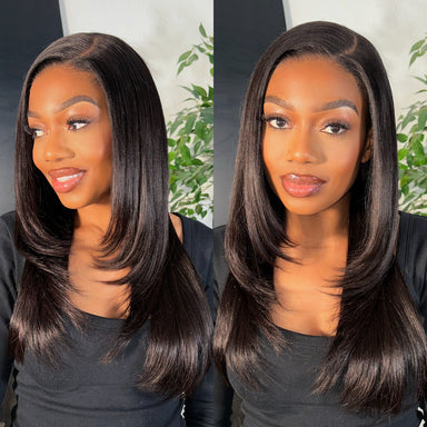 New Customers Only | Halo Hair Style All-Day Comfort Wig 180% Density Blonde Highlight Butterfly Cut Layered Light Yaki Straight Glueless 7x6 Closure HD Lace Wig Pre-Cut Lace