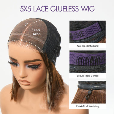 Ash Blonde Highlight Glueless 5x5 HD Closure Lace Bob Wig Pre-Cut Lace Flexi-Fit Drawstring Cap