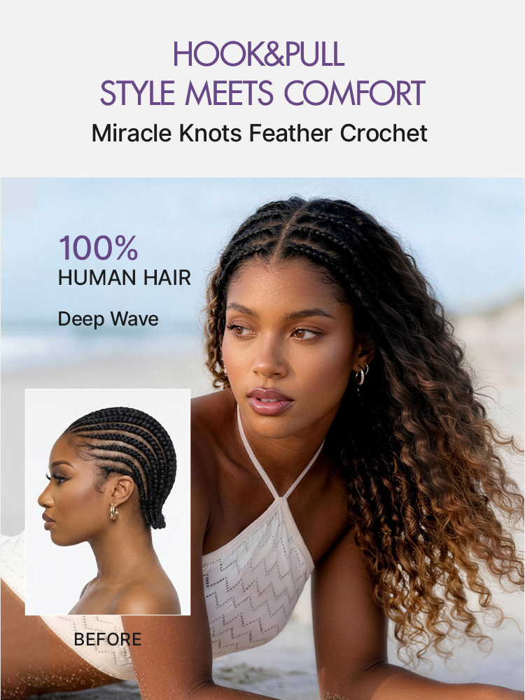 Readitress Pre-Separated Feather Crochet Human Hair for Miracle Knots Boho Braids | Ombre Brown Deep Wave Protective Style (Free Gifts Included)