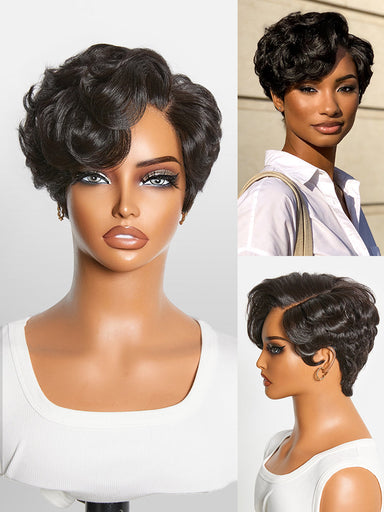 Beginner Friendly Natural Black Lightweight Roll Curl Glueless Minimalist HD Lace Short Pixie Cut Wig Pre Cut Lace