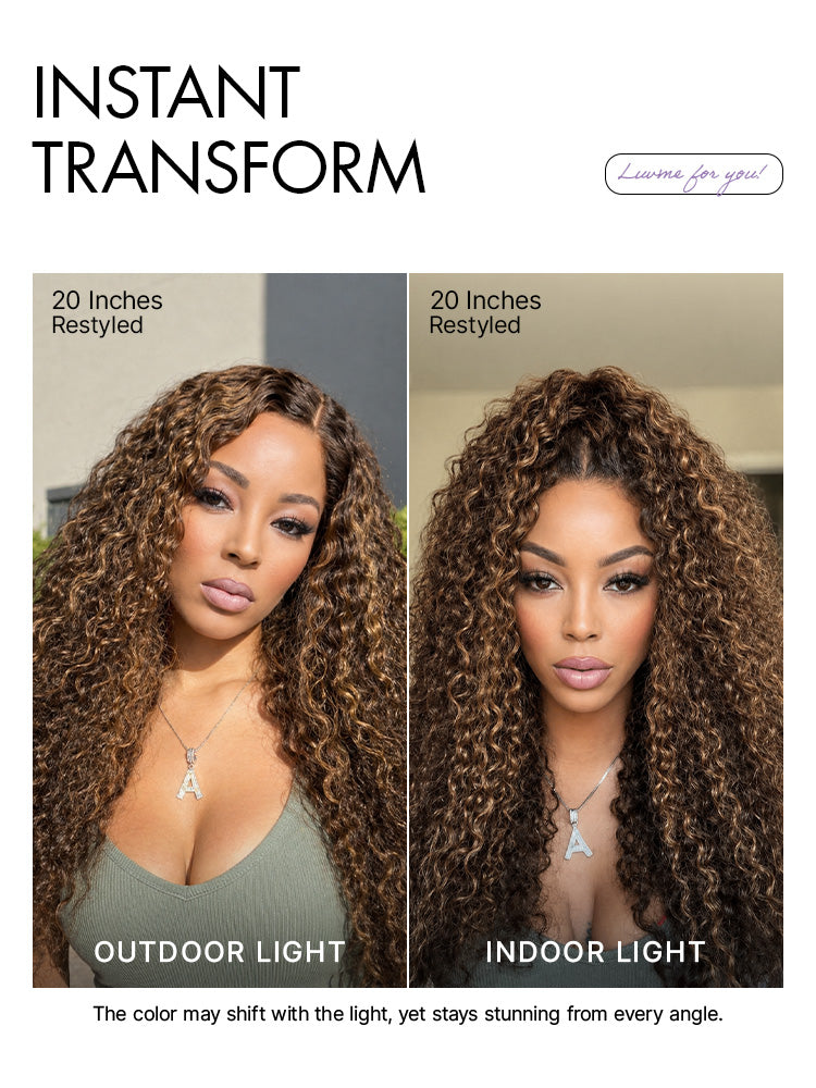 Halo Hair Style All-Day Comfort Wig PartingMax Brown Highlights Funmi Curly 7x6 Closure HD Lace Glueless Wig Pre Cut Lace