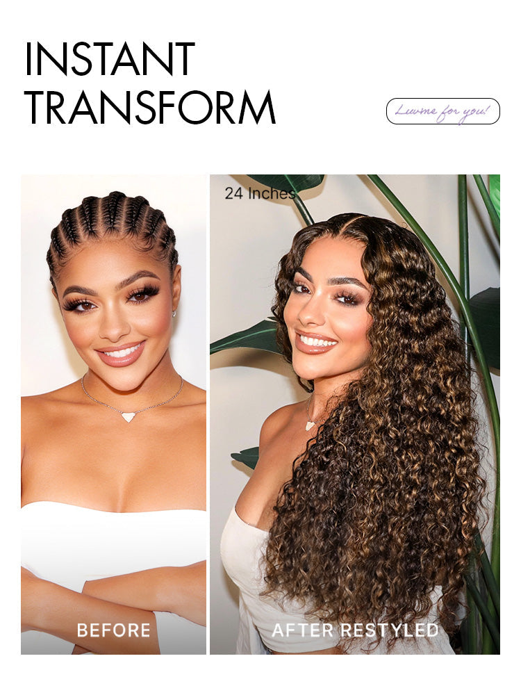 Halo Hair Style All-Day Comfort Wig PartingMax Brown Highlights Funmi Curly 7x6 Closure HD Lace Glueless Wig Pre Cut Lace