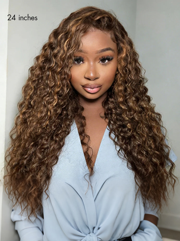 Halo Hair Style All-Day Comfort Wig PartingMax Brown Highlights Funmi Curly 7x6 Closure HD Lace Glueless Wig Pre Cut Lace