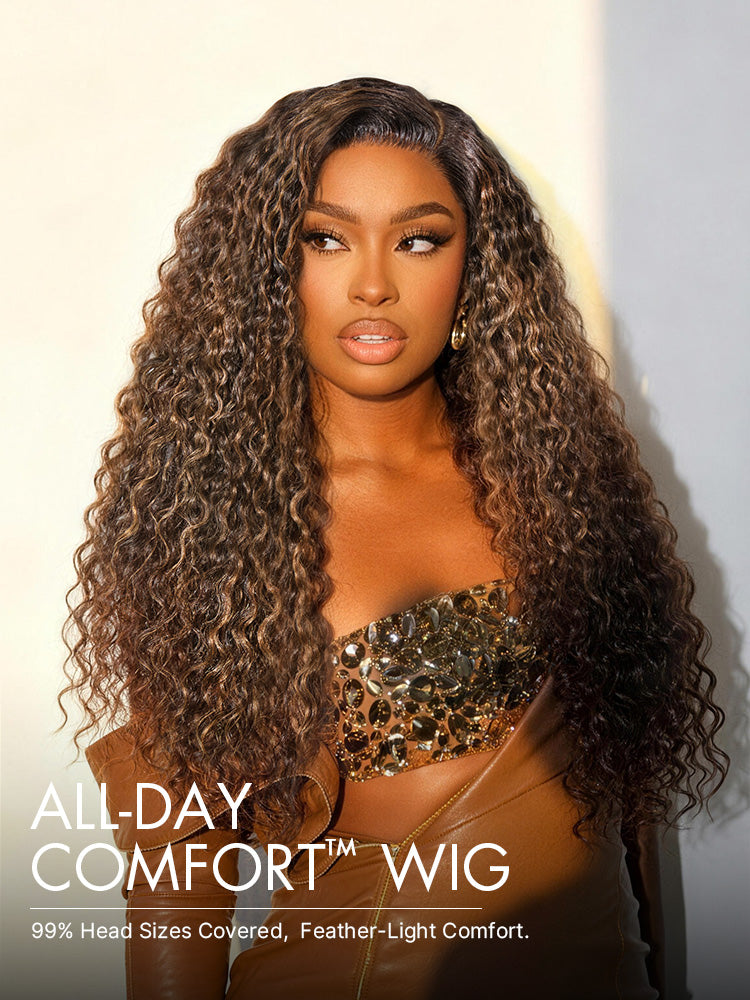 Halo Hair Style All-Day Comfort Wig PartingMax Brown Highlights Funmi Curly 7x6 Closure HD Lace Glueless Wig Pre Cut Lace