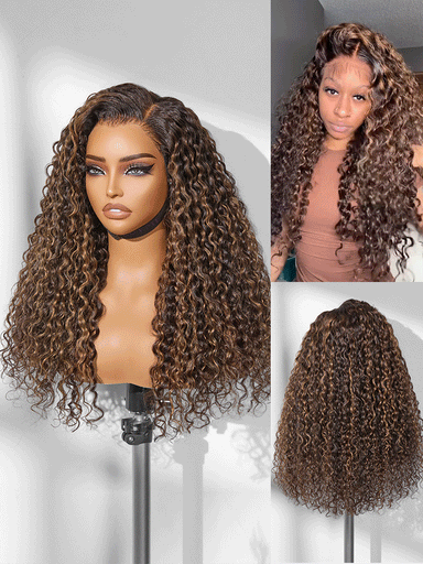 Halo Hair Style All-Day Comfort Wig PartingMax Brown Highlights Funmi Curly 7x6 Closure HD Lace Glueless Wig Pre Cut Lace
