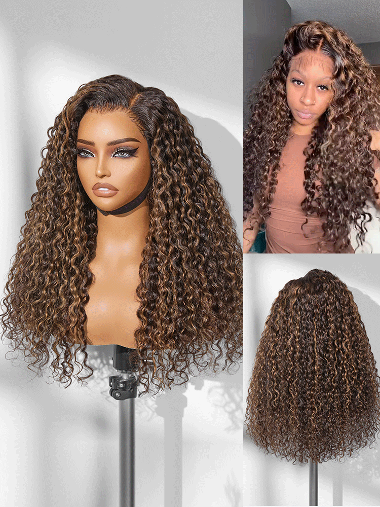 Halo Hair Style All-Day Comfort Wig PartingMax Brown Highlights Funmi Curly 7x6 Closure HD Lace Glueless Wig Pre Cut Lace