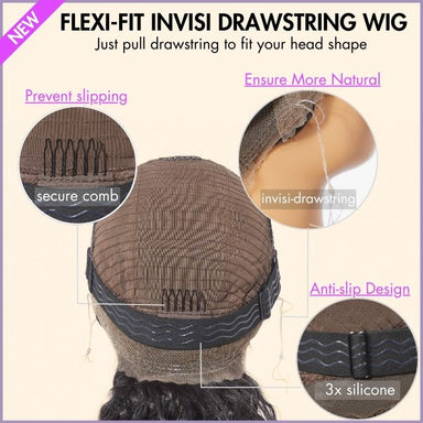 Water Wave 360 Lace Flexi-Fit Invisi Drawstring Cap Long Wig 100% Human Hair Pre-bleached & Pre-plucked & Pre-Cut Lace