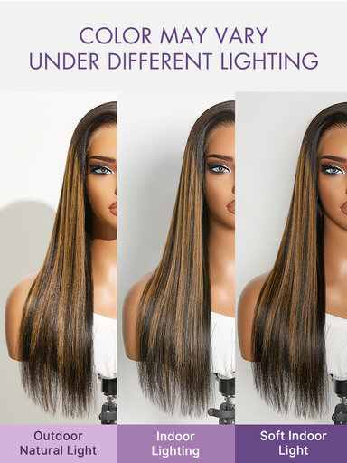 Halo Hair Style All-Day Comfort Black with Honey Blonde Highlights Yaki Straight 7x6 Closure HD Lace Glueless Wig Pre-Cut Lace