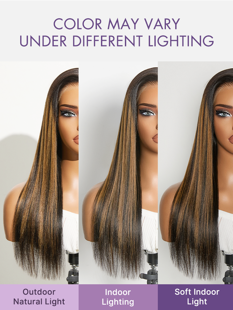 Halo Hair Style All-Day Comfort Black with Honey Blonde Highlights Yaki Straight 7x6 Closure HD Lace Glueless Wig Pre-Cut Lace