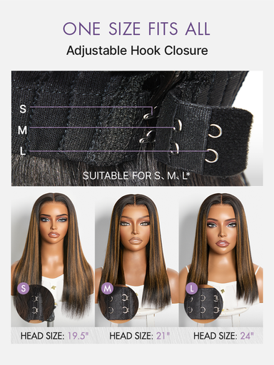 Halo Hair Style All-Day Comfort Black with Honey Blonde Highlights Yaki Straight 7x6 Closure HD Lace Glueless Wig Pre-Cut Lace