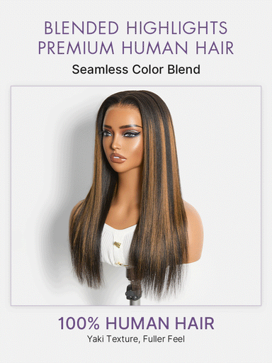 Halo Hair Style All-Day Comfort Black with Honey Blonde Highlights Yaki Straight 7x6 Closure HD Lace Glueless Wig Pre-Cut Lace
